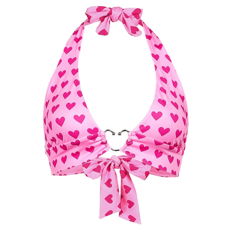 Áo Croptop Cổ Chữ V Hở Lưng Phối Khóa Kim Loại In Họa Tiết Trái Tim Phong Cách Harajuku Quyến Rũ Cho Nữ