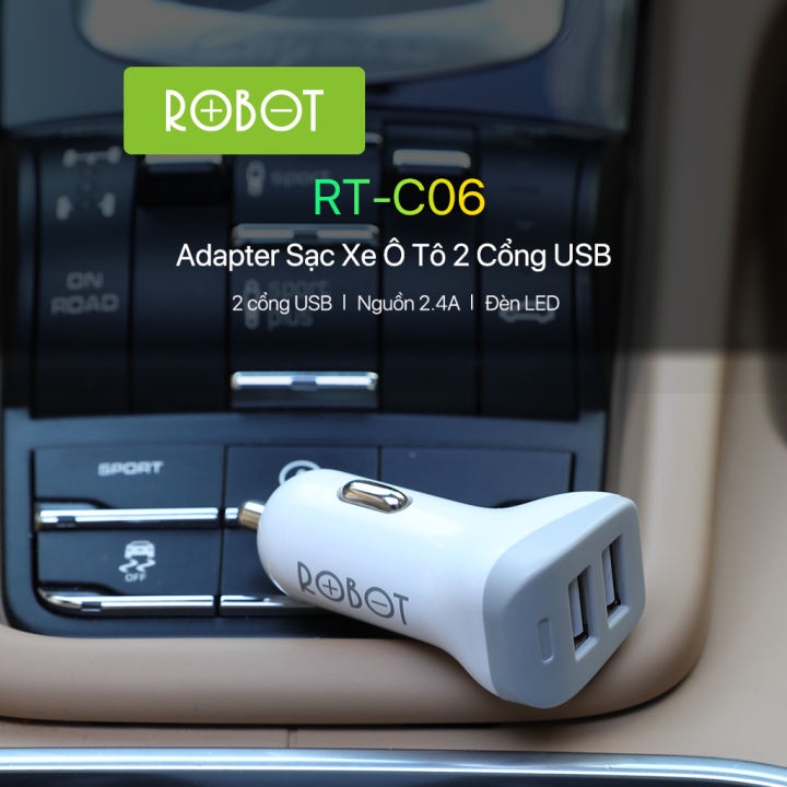 Cốc Sạc Xe Hơi ROBOT RT-C06 2 Cổng Ra USB Sạc Cùng Lúc 2 Điện Thoại Bảo Vệ Thông Minh Hàng Chính Hãng