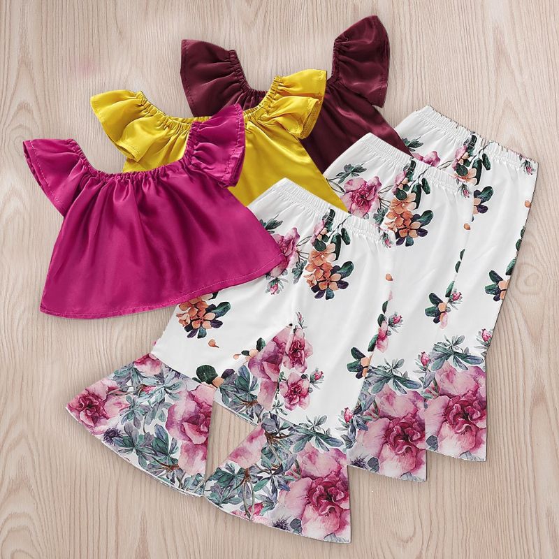 Mary☆ewborn Baby Girls Summer Off Shoulder Tops + Flared Floral Pants Outfits Set