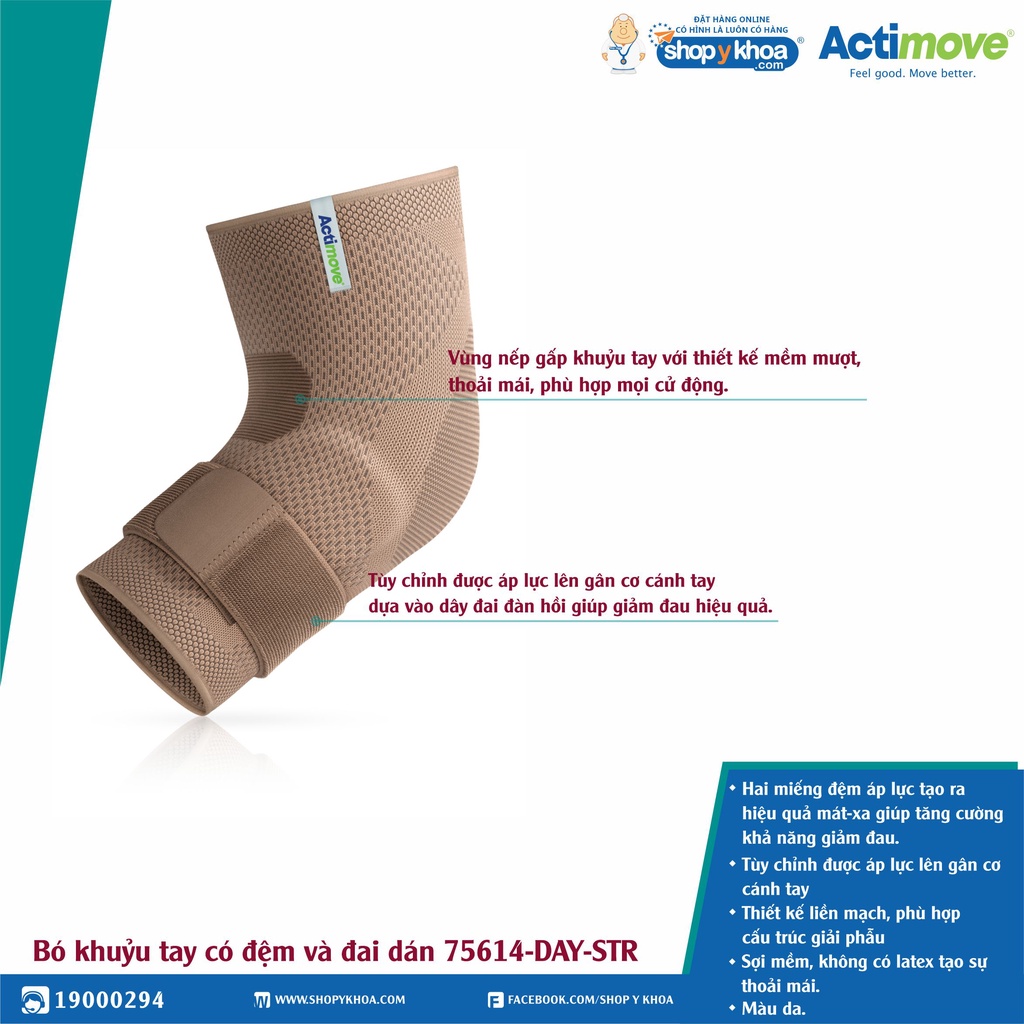 Bó Khuỷu Tay Có Đệm Giảm Đau, Dây Đai Dán Tùy Chỉnh Áp Lực 75614-DAY-STR, Màu Da [Actimove] - Nhập Khẩu Châu Âu (1 Cái)