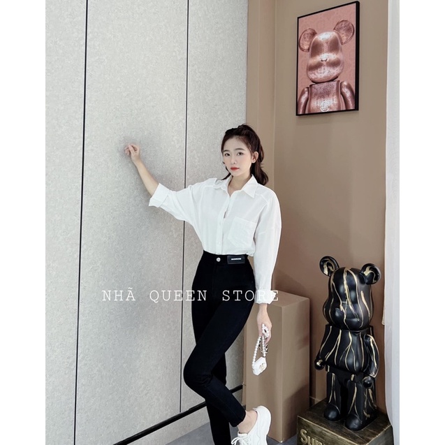 Set jeans dài co giãn không túi Đen+ sơ mi tay dài 1 túi