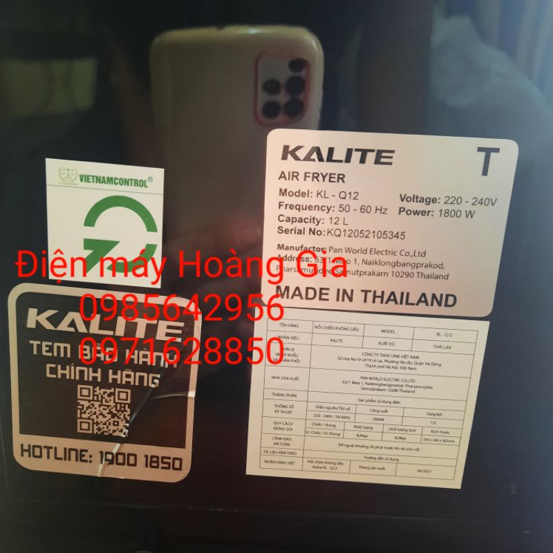 Nồi chiên không dầu Kalite Q12. Hàng Thái Lan. Hàng cao cấp. Bảo hành 12 tháng