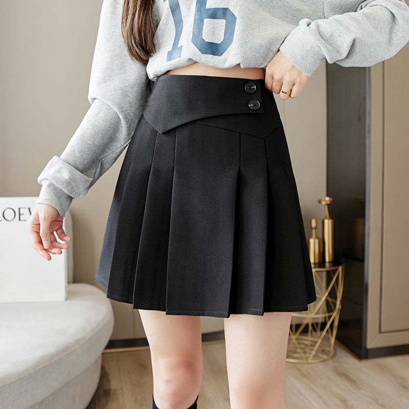 Chân váy công sở chữ a lưng cao xếp li phong cách công sở có quần, 6 li có vạt bụng phối 2 cúc dài 45cm
