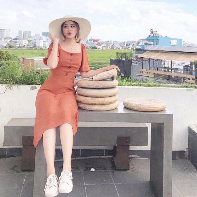 Đầm cổ vuông khuy trước màu cam size L &lt; 40-53kg&gt;
