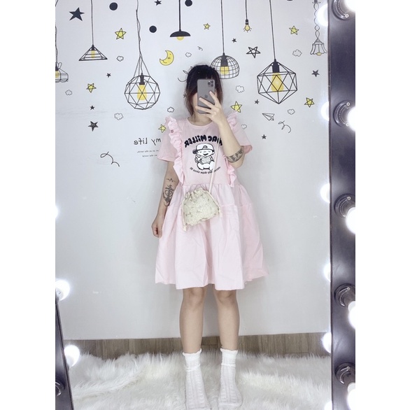 Đầm babydoll viền bèo in hình baby form rộng bầu bì bon chen che bụng che đùi big size siêu xinh