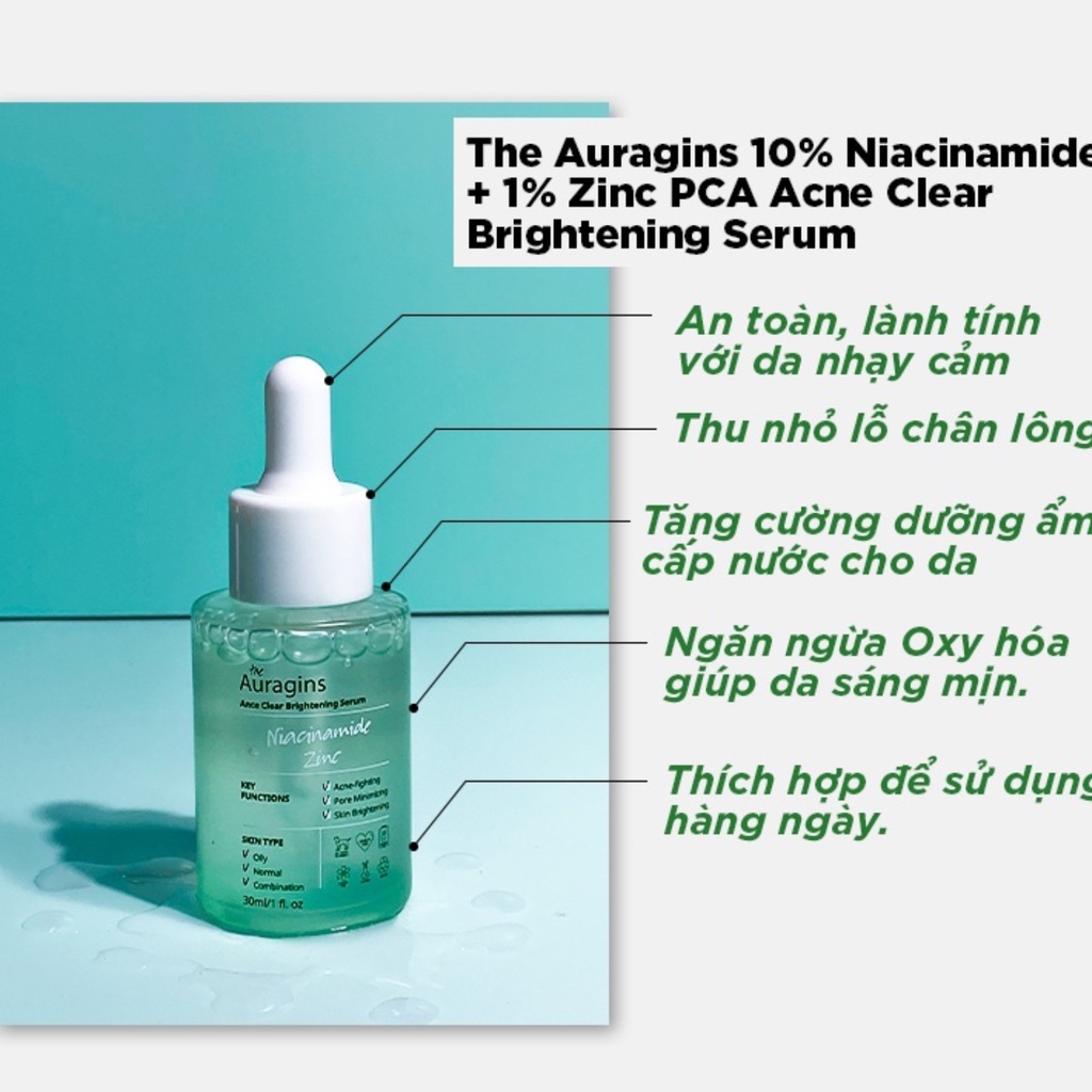 [CÔNG TY] Tinh Chất Giảm Thâm The Auragins 10% Niacinamide + 1% Zinc Acne Clear Serum 30ml