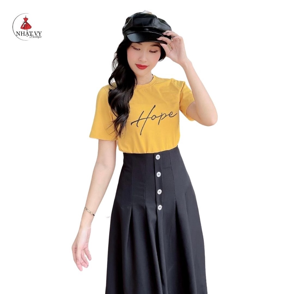 Áo Nữ NHẬT VY Tay Ngắn Thêu Chữ HOPE Chất Thun Màu Trắng, Vàng, Xám, Đen, Nude D2037