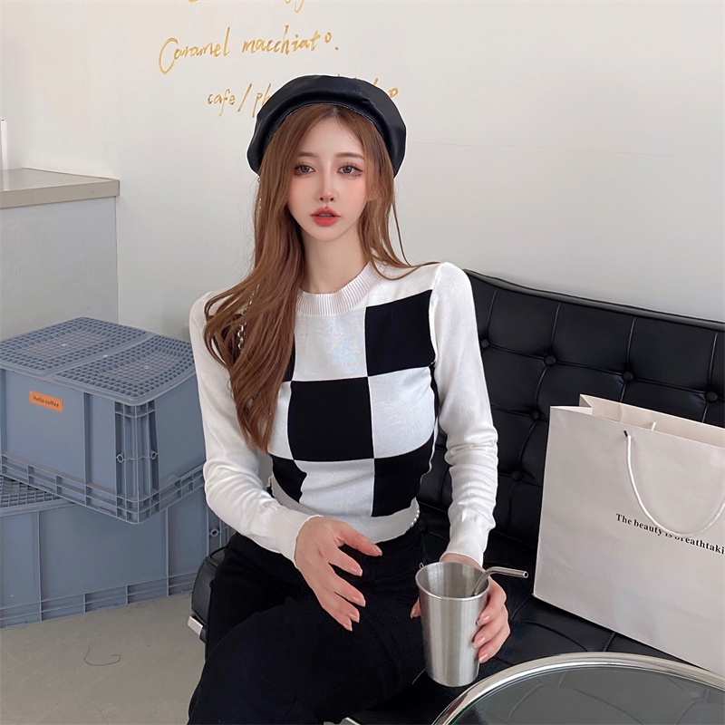 Áo Dệt Kim Tay Dài Dáng Ngắn Họa Tiết Sọc Caro Phong Cách Retro