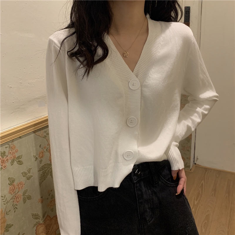 IELGY   Áo Khoác Dệt Kim Mỏng Tay Dài Cổ Chữ V Màu Đen Đơn Giản Cho Nữ