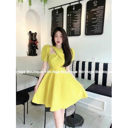 Đầm tiểu thư dáng xòe đi tiệc cưới, đầm chữ a váy xòe rông tay phồng phối dây chéo cổ cực đẹp, dễ thương