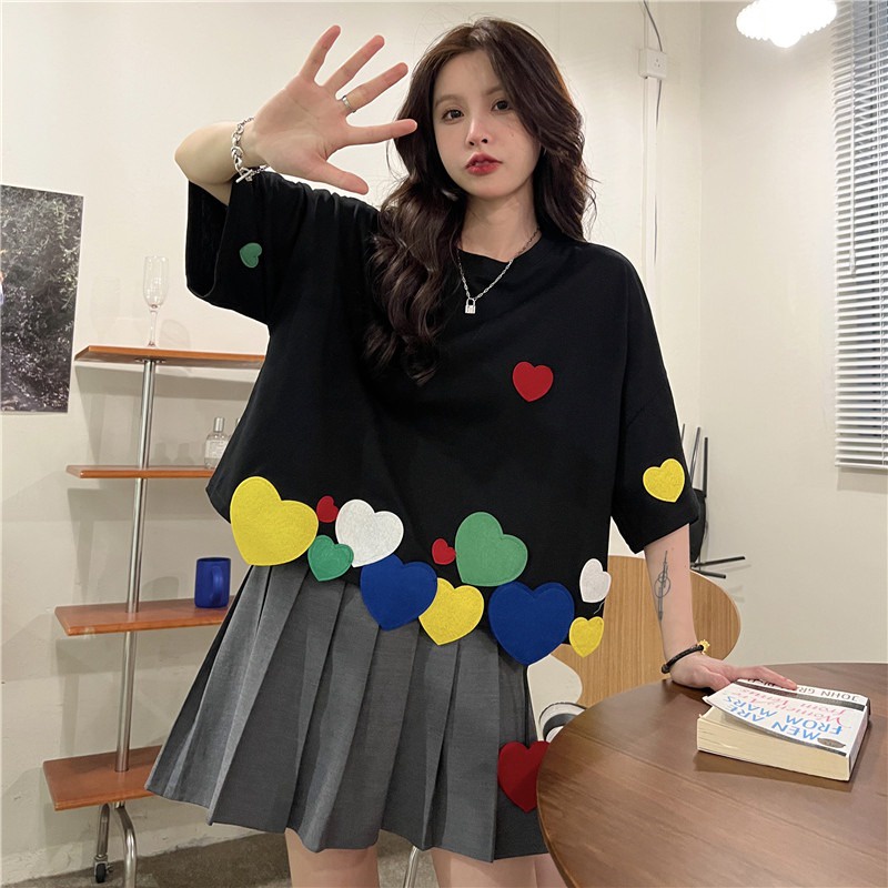 Áo thun ZHELIHANGFEI vải cotton tay ngắn dáng rộng in hình trái tim dễ thương dành cho nữ