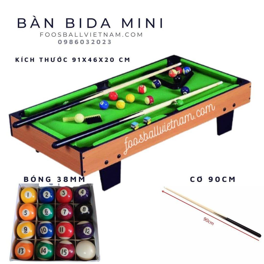 Bàn Bida mini M91 giá rẻ cho trẻ em trong gia đình kích thước 91x46x20cm bi sứ 38mm