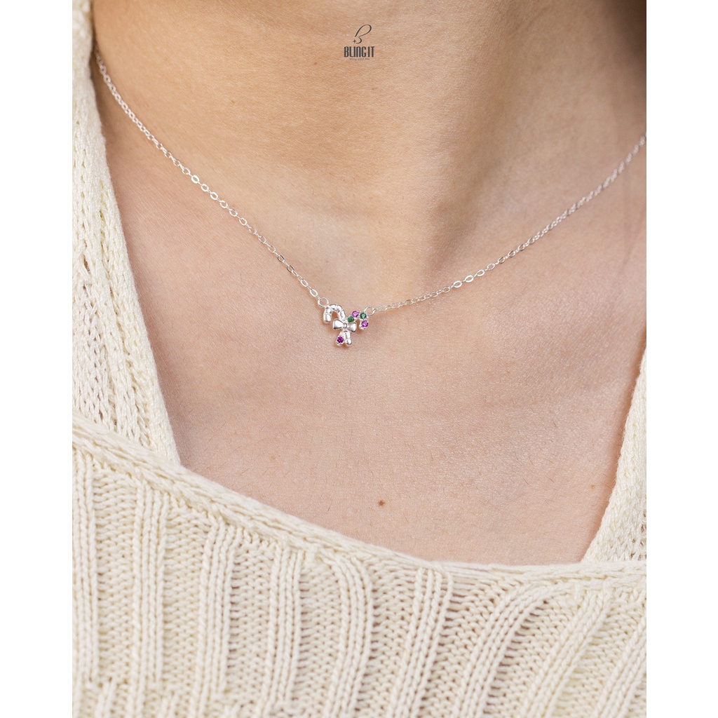 Dây chuyền bạc nữ 925 BLING IT phong cách đơn giản dễ thương họa tiết kẹo giáng sinh đính đá BIVC268
