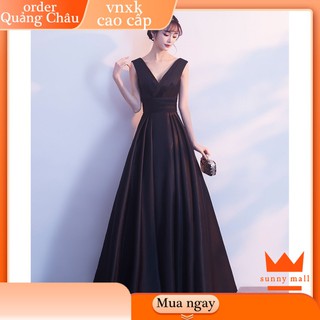 Đầm dự tiệc dạ hội cổ chữ V không tay xếp ly dài thắt eo tôn eo màu đỏ đen bigsize