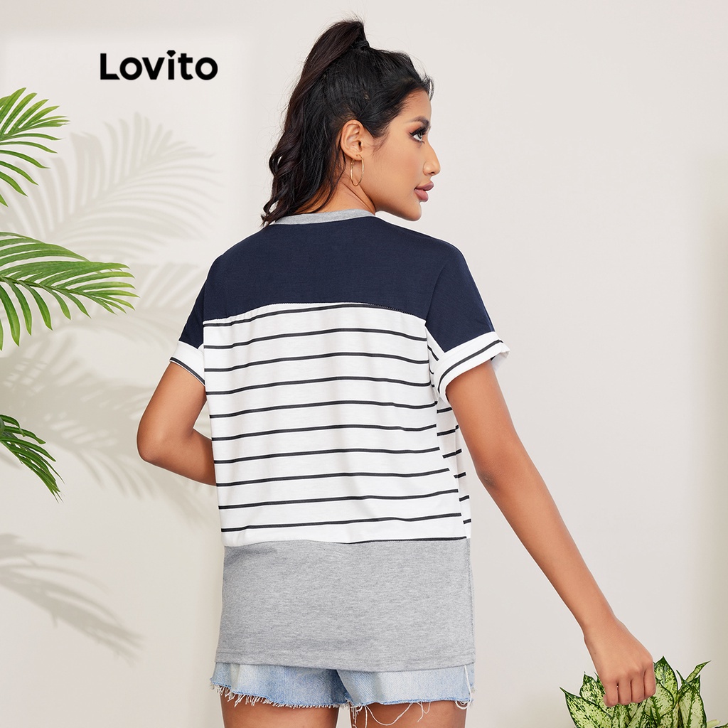 Áo thun Lovito đường khâu kẻ sọc khối màu phong cách thường ngày L27LD004 (màu xanh lam navy)