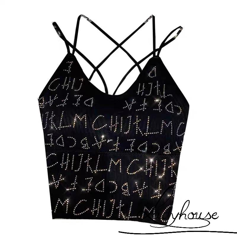 Áo Hai Dây Ôm Dáng In Chữ Đính Đá Có Đệm Ngực Gợi Cảm Cho Nữ