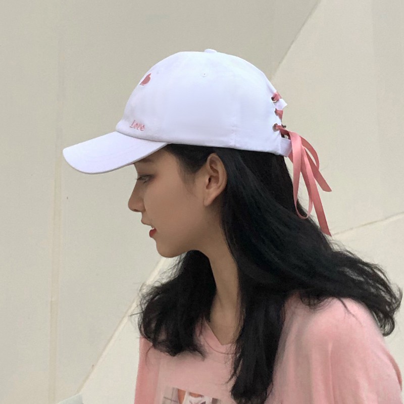 [real shot of new products in stock] heart shaped love long ribbon hat female summer sweet cute baseball cap Korean bowknot love cap matching cap