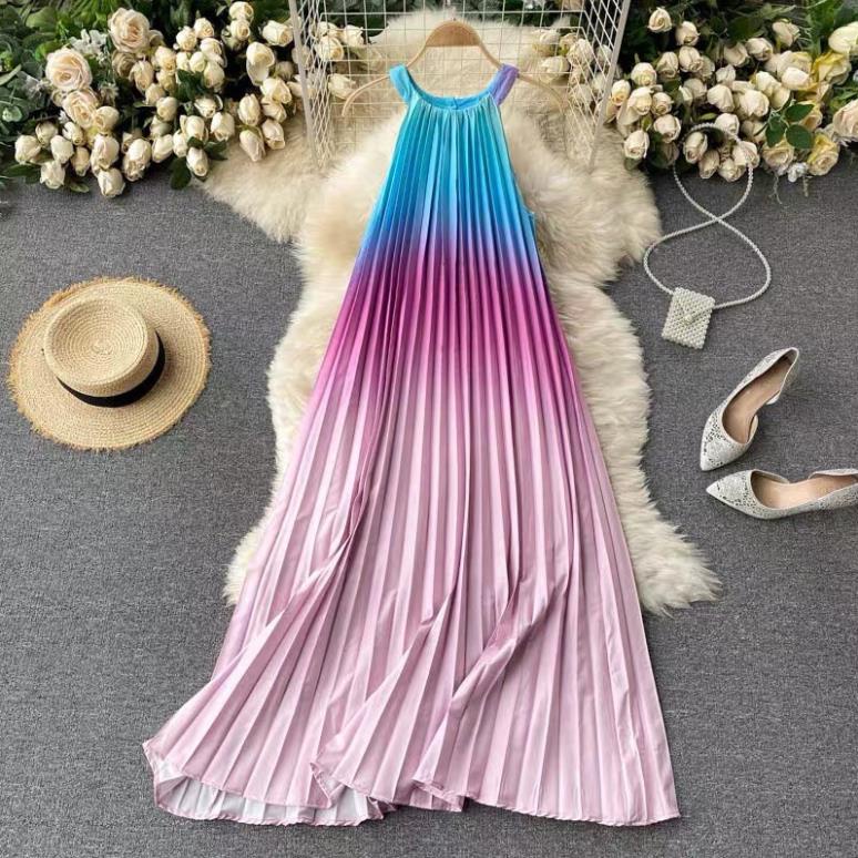 ঔৣ (Ảnh thật)(sẵn hồng, xanh)Váy đầm maxi xếp ly cổ yếm màu ombre lạ mắt vintage bầu bì bon chen đi biển đi du lịch ঔৣ