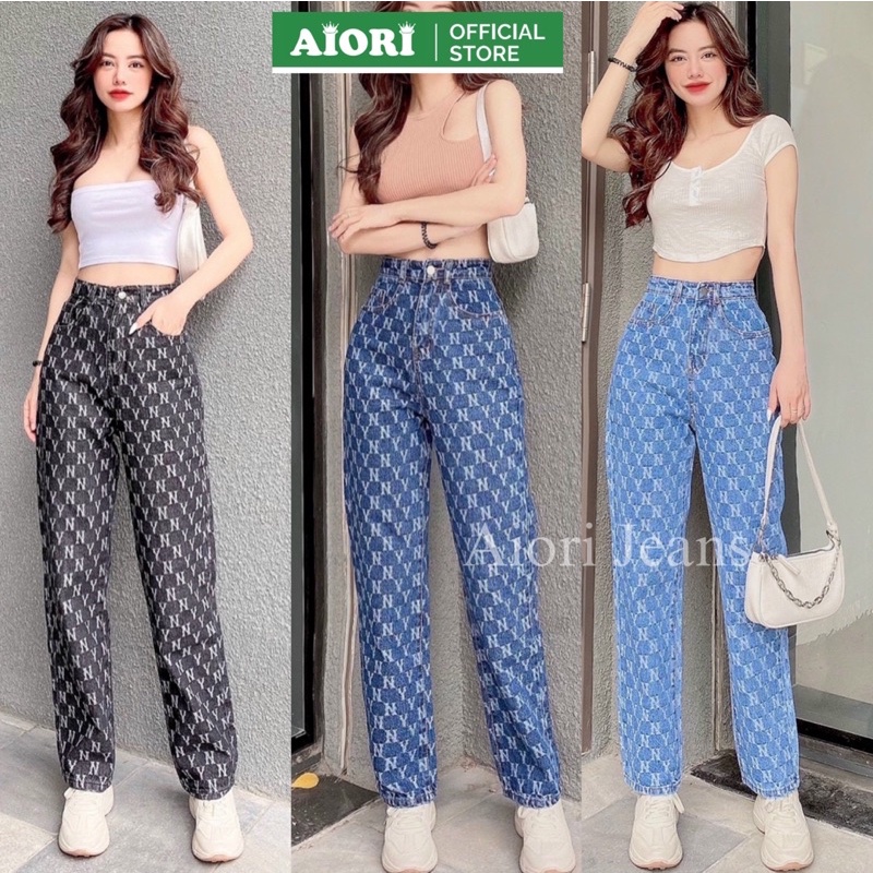 [CAO CẤP - ĐỦ 3 MÀU] Quần Jean Ống Đứng AIORI Lưng Cao Họa Tiết NY Thời Trang Hàn Quốc_Mã E003
