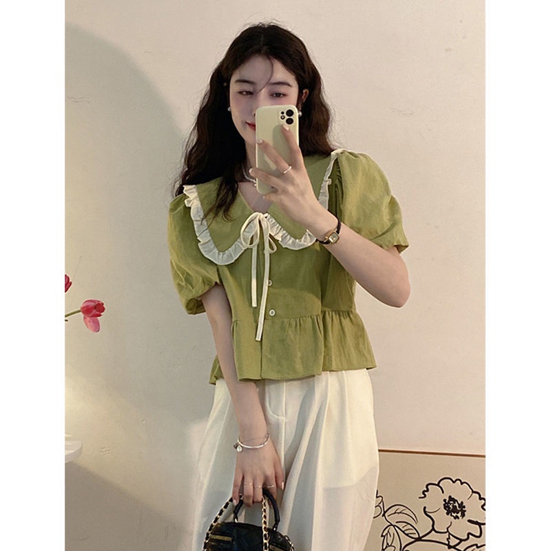 COZOK Áo Sơ Mi Ngắn Tay Cổ Búp Bê Đính Nơ Phối Màu Tương Phản Thời Trang