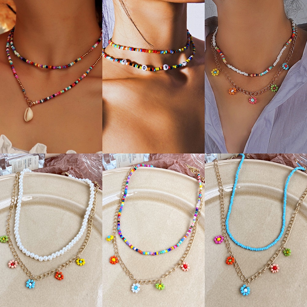 Set 2 vòng cổ / Lắc chân nhiều lớp đính hạt nhiều màu thời trang