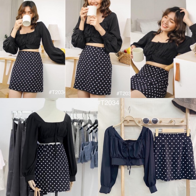 Set Đồ UNO SET gồm áo dài tay form croptop chất vải lụa mịn và chân váy bi form A chất váy kate lụa có lót