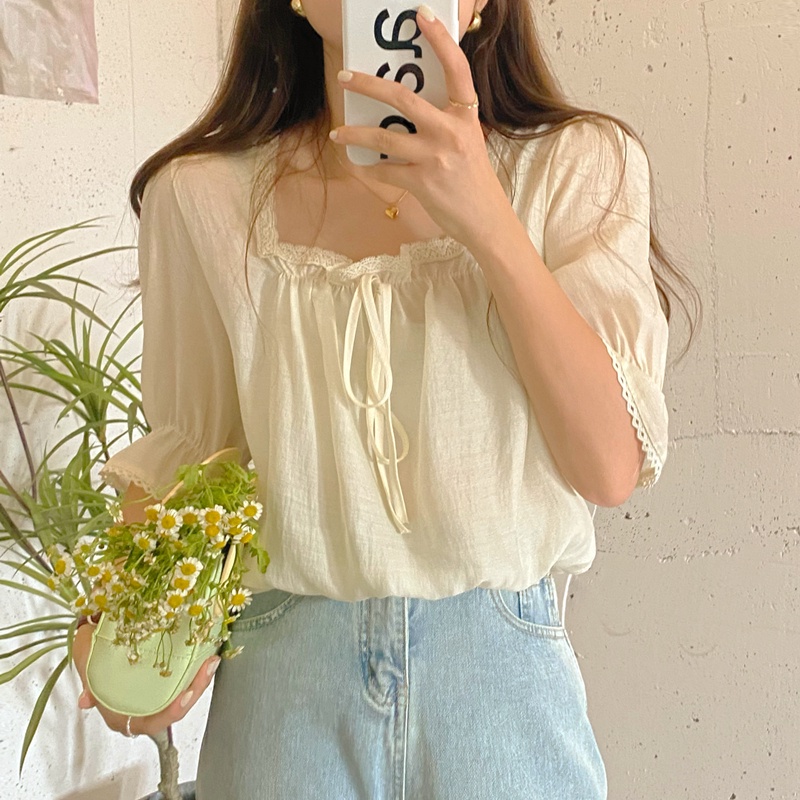 SUXI Áo Sơ Mi Ngắn Tay Cổ Vuông Màu Sắc Đơn Giản Dành Cho Nữ