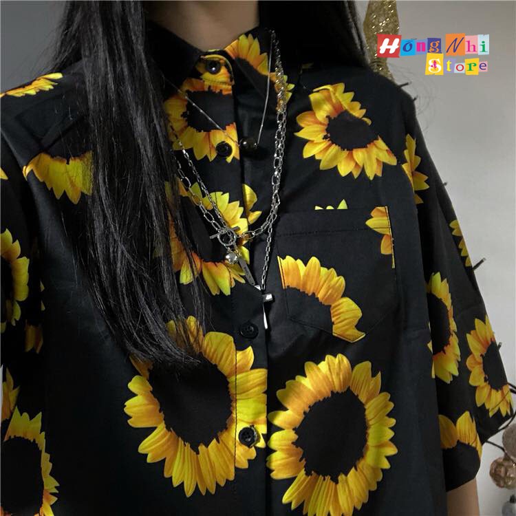 Áo Sơ Mi Hoạ Tiết Hoa Hướng Dương Tay Lỡ Dáng Rộng Ulzzang Unisex, Sơ Mi Đi Biển - MM