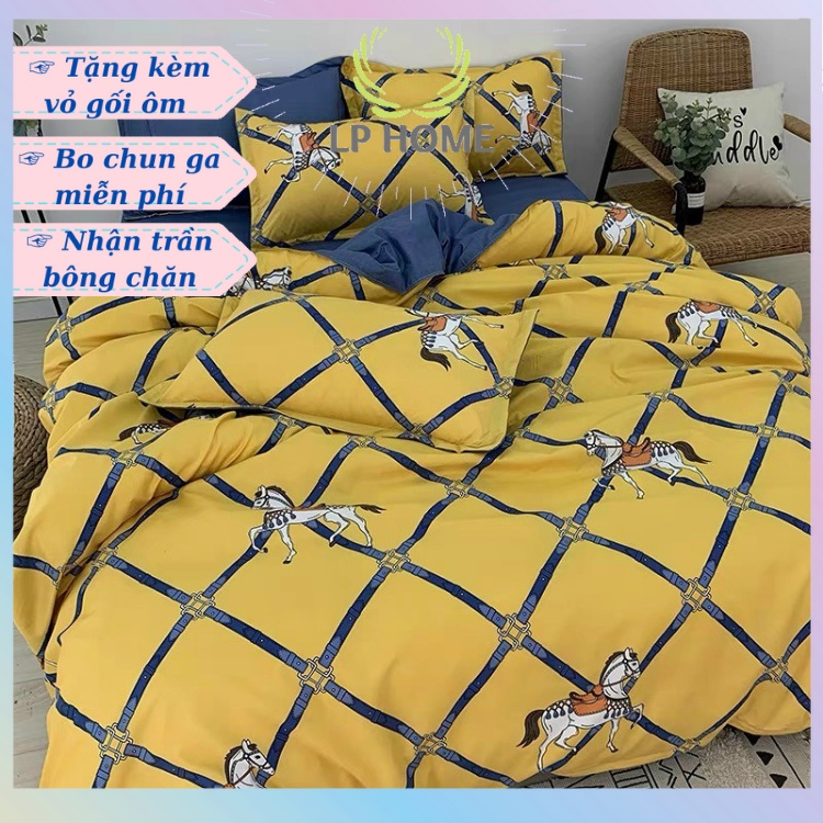 Bộ chăn ga gối Poly HQ Hermes ngựa vàng cao cấp sang chảnh (Tặng vỏ gối ôm) - Miễn phí bo chun