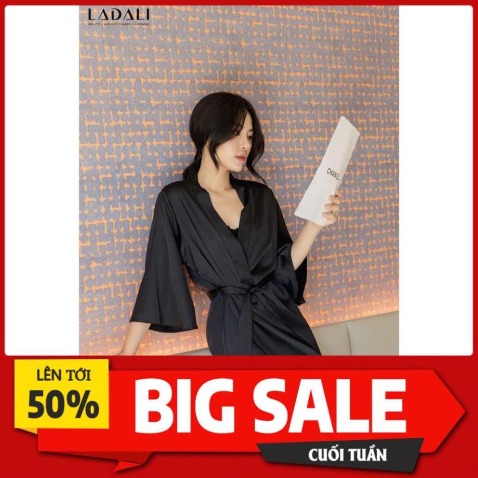Áo Choàng Ngủ Dáng Kimono Khoác Chất Lụa Cao Cấp Ladali Phối Ren Chân Quyến Rũ Màu Đen ! !