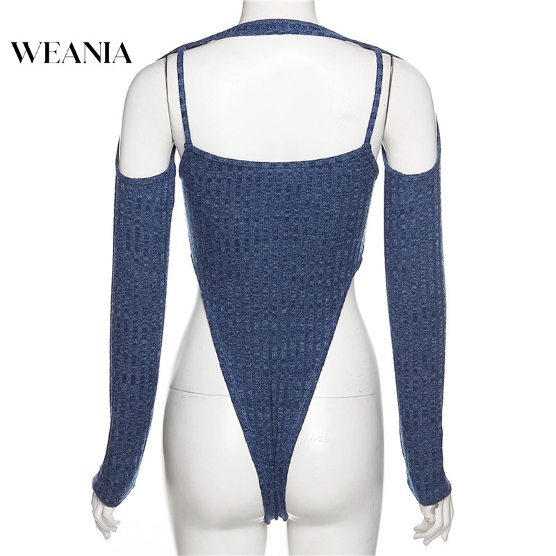 Set Bodysuit Dệt Kim Tay Dài + Quần Lưng Cao Thiết Kế Quyến Rũ Cho Phái Nữ