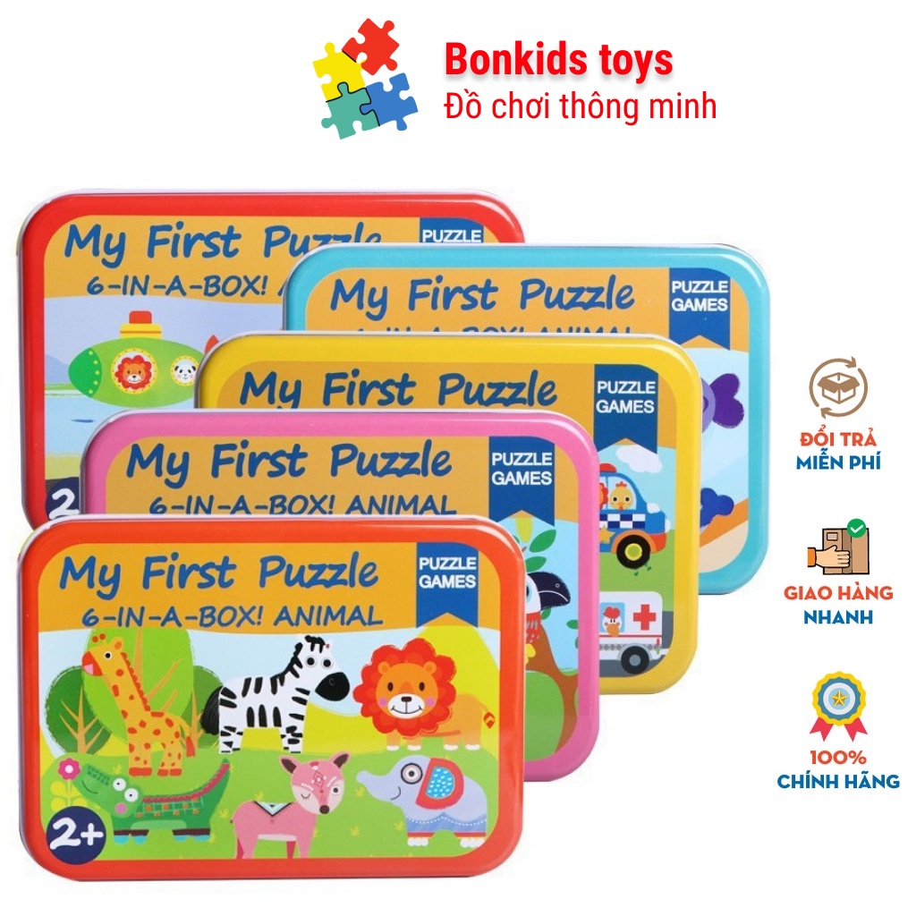 bộ đồ chơi ghép hình, ghép hình my first puzzle hộp sắt 6 tranh ghép hình con vật cho bé từ 2 tuổi Bonkids toys