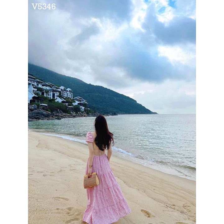 Váy kẻ hồng đầm 3 tầng 2 lớp có độn ngực maxi tay ngắn hở lưng đi biển siêu xinh-Minxy shop | BigBuy360 - bigbuy360.vn