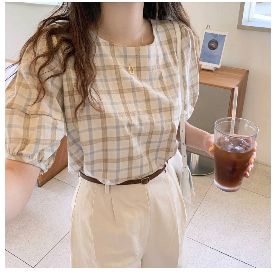 Áo kiểu tay phồng cổ tròn họa tiết sọc ca rô phong cách Hàn Quốc thời trang