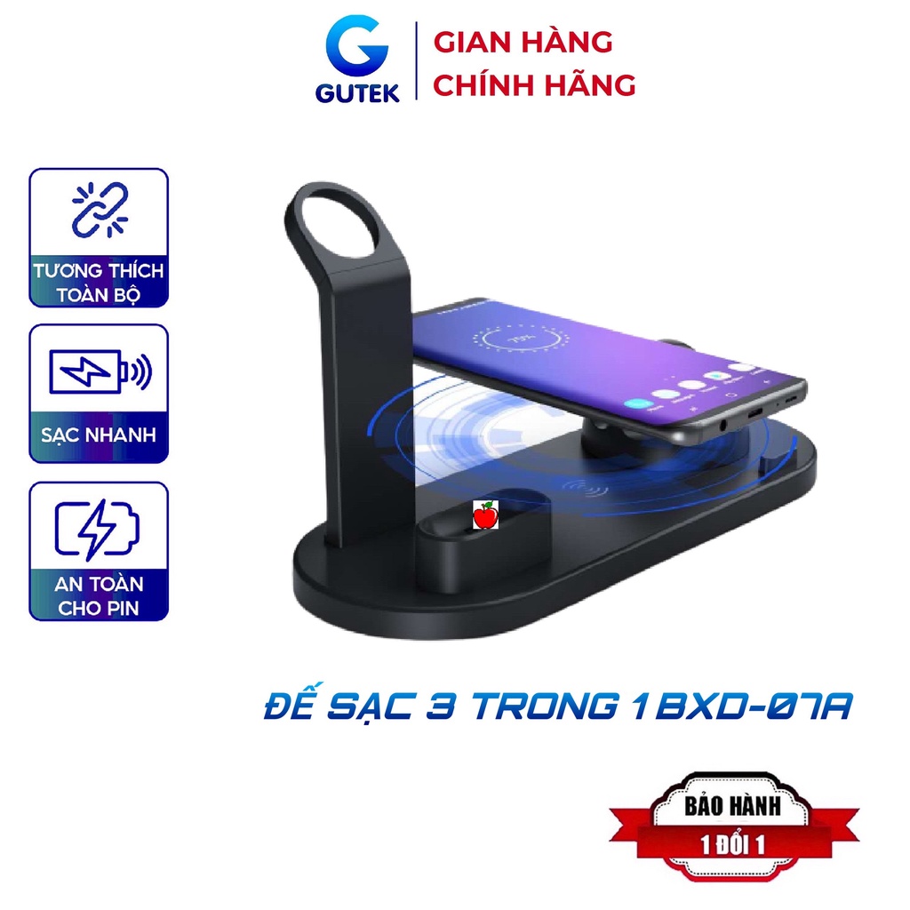 Đế sạc không dây 3 trong 1 sạc nhanh cổng light android type-c điện thoại máy tính bảng - Gutek BXD-07A