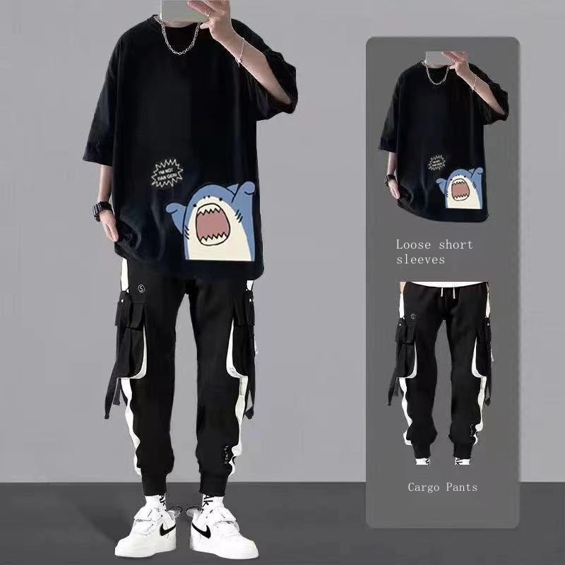 Set Áo Thun Ngắn Tay Cổ Tròn + Quần Yếm Dài Ống Rộng Thời Trang Hàn Cho Nam