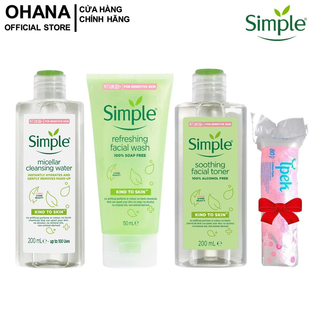 [Tặng bông] Combo 3 Sản Phẩm Simple (Nước Tẩy Trang Simple 200ml, Gel Rửa Mặt 150ml Và Nước Hoa Hồng Simple 200ml)