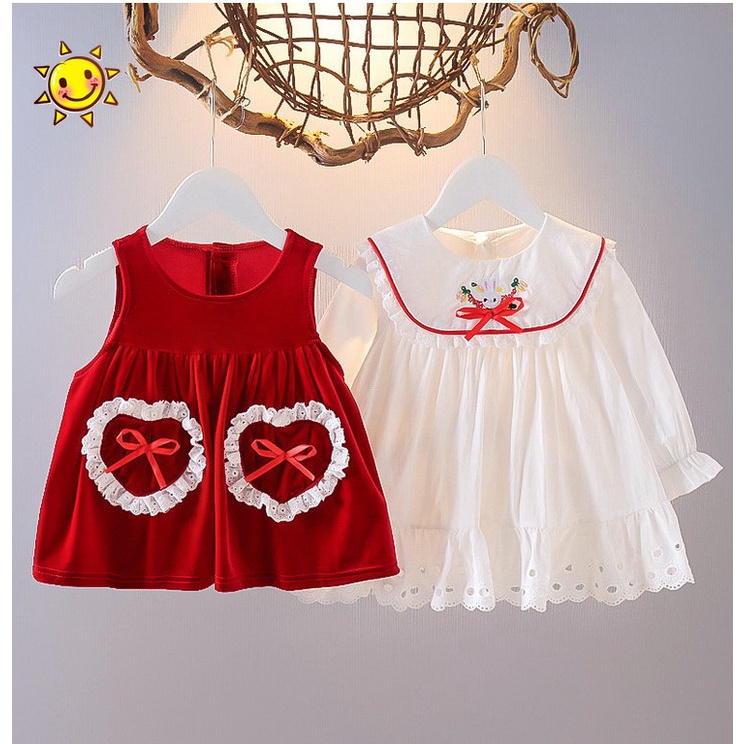 Váy thu đông bé gáic chất nhung màu đỏ đính túi trái tim siêu xinh tặng kèm váy sơ mi mặc bên trong size 1-3 tuổi [SV2]