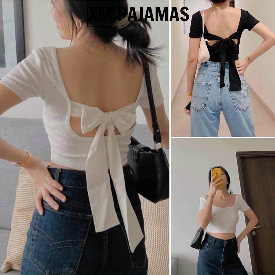 Áp croptop nữ cổ vuông thắt nơ sau bozip - Thun kiểu dáng ôm body ngắn, phông cộc tay hở lưng sexy hàn quốc ulzzang