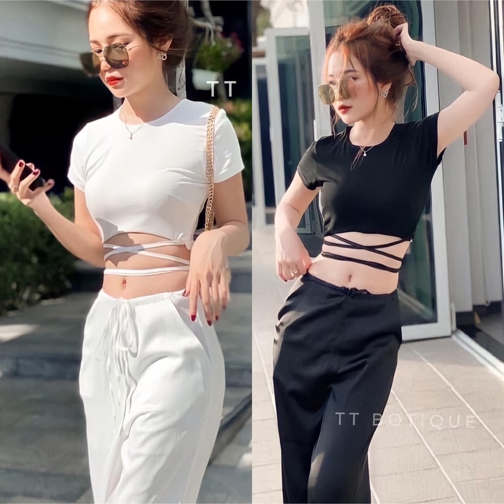 ÁO CROPTOP KIỂU THUN GÂN PHỐI KIỂU CỘT NƠ SAU LƯNG