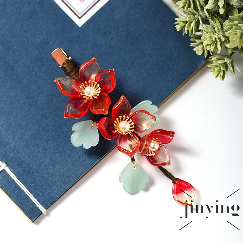 GETNOIVAS Kẹp tóc pha lê màu đỏ hình hoa phong cách cổ trang Trung Quốc