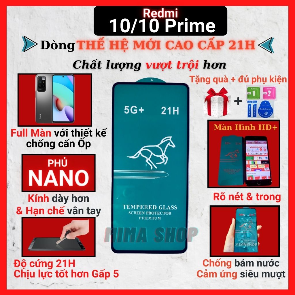 Kính cường lực Xiaomi Redmi 10/10 Prime Full màn cao cấp OG+ độ cứng 21H siêu mượt chống bám vân tay [MIMA]