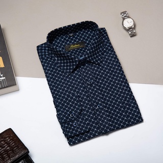 Áo Sơ Mi Nam Công Sở Trung Niên Thương Hiệu Anton Màu Xanh Đen Dài Tay Vải Cotton Họa Tiết Quả Trám - X301