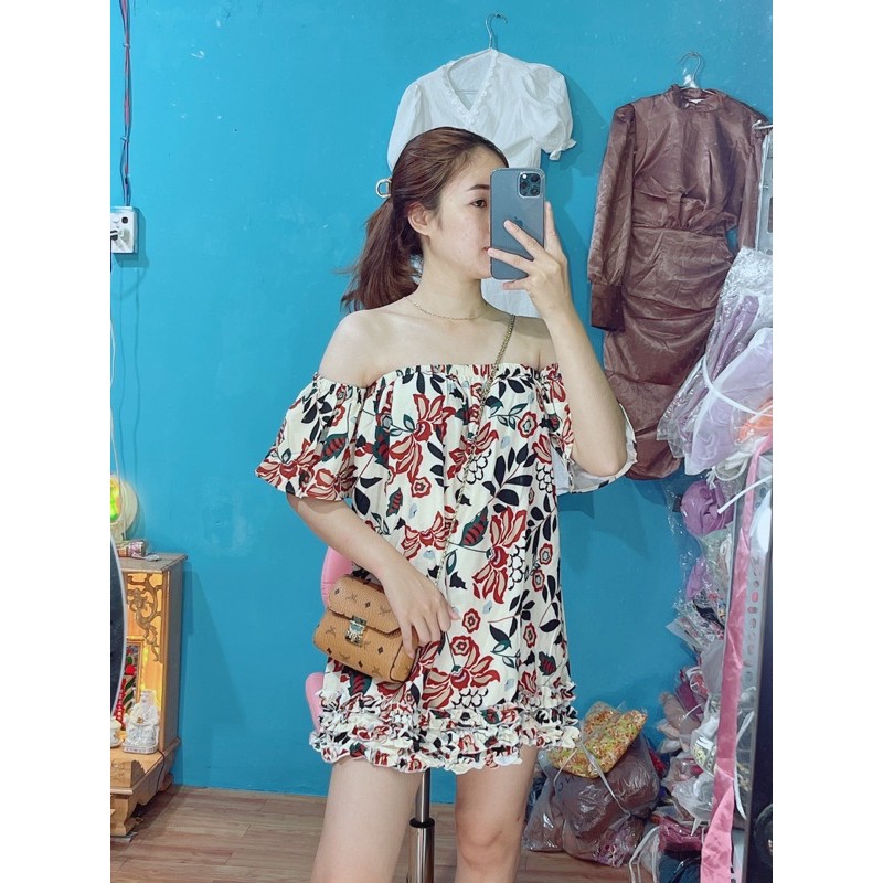 Đầm suông hoa béo trệt vai ( hình thật) | BigBuy360 - bigbuy360.vn