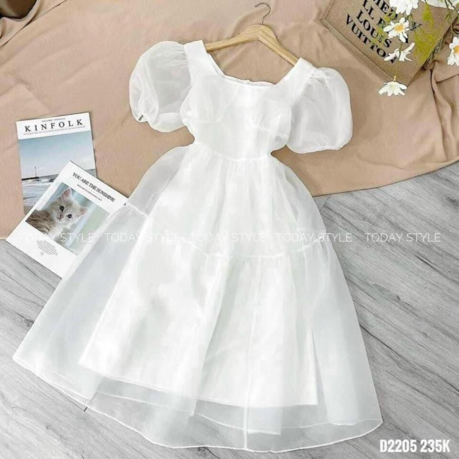 Váy Trắng Nữ Cổ Vuông, Đầm Xòe Midi Dáng Babydoll Tay Bồng Chất Tơ Voan 2 Lớp Phong Cách Tiểu Thư Xinh Xắn.