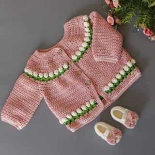 Set áo khoác và giày len viền màu handmade