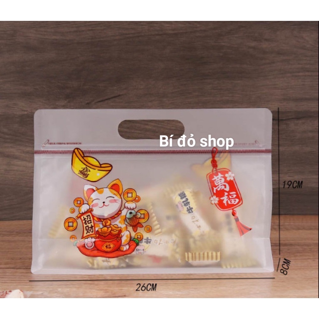Size M - Set 10 túi ZIP ZIPPER NGANG MÈO TÀI LỘC size TRUNG đựng bánh mì, bánh quy, qui, kẹo, trái cây size 26*8*19cm
