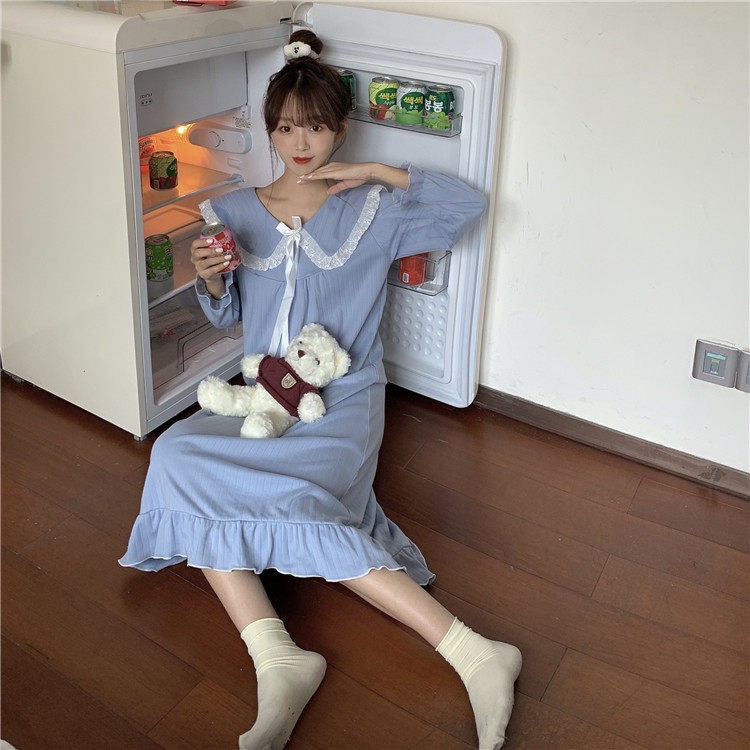 Váy ngủ nữ áo dài xuân thu học sinh phiên bản Hàn Quốc dễ thương mùa đông đồ tay mẫu mới về nhà có thể mặc ngo