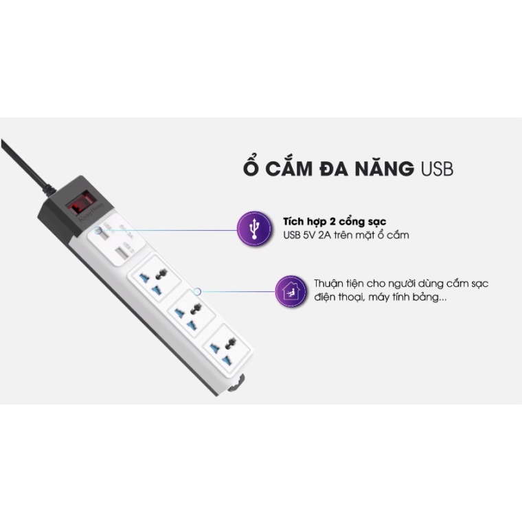 Ổ cắm điện Rạng Đông 2 ổ USB 3 Ổ đa năng dây dài 3m / 5m Công suất 2500W Model OC02.USB 3C
