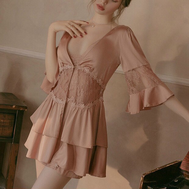áo choàng Ngủ Lụa satin co giản Pha Ren Cao Cấp, Freesize , Kiểu Dáng Quyến Rũ - D112